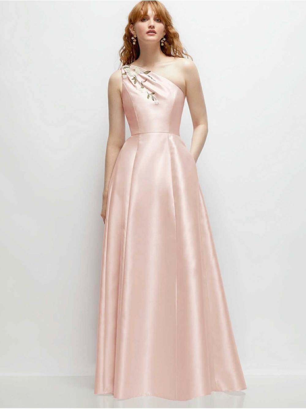 NEW Afred Sung D873 One-Shoulder Blush Pink Floral Applique Satin Gown, Size 16